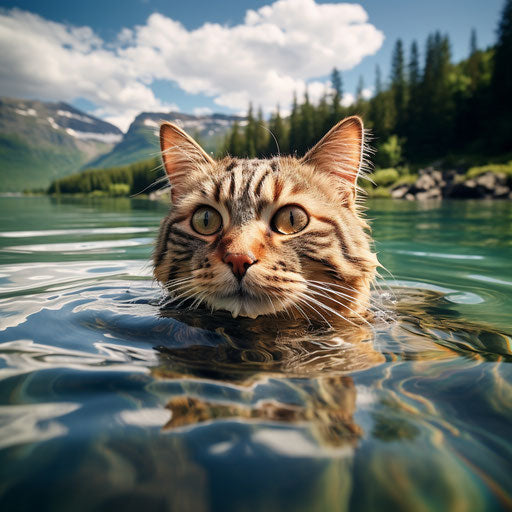 American shorthair cat swimming in a lake by the shore