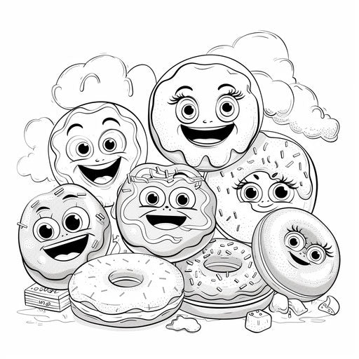 Cartoon donut family with various playful expressions
