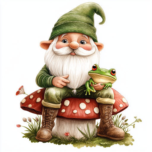 Charming gnome and frog on green mushroom