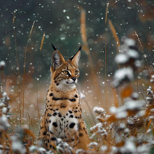 A serval cat in a field while it is snowing