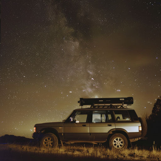 Mobile astronomy lab under starry night sky
