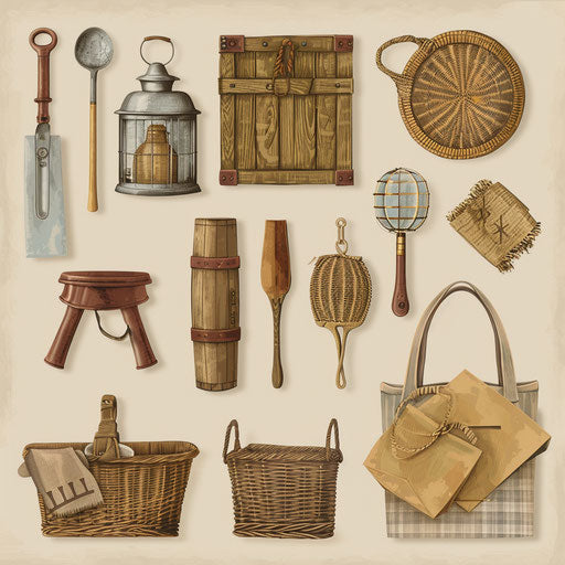 Photo realistic yard sale clip art on flat beige background, rustic appeal and intricate patterns