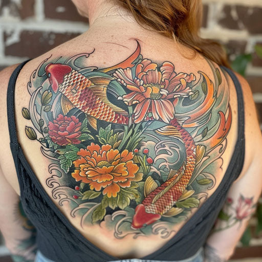 Wildflower tattoo with koi fish, flowing design, vibrant colors, Japanese style