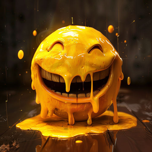 A smiling emotion squeezing a mouth, ironic style, frequent yellow