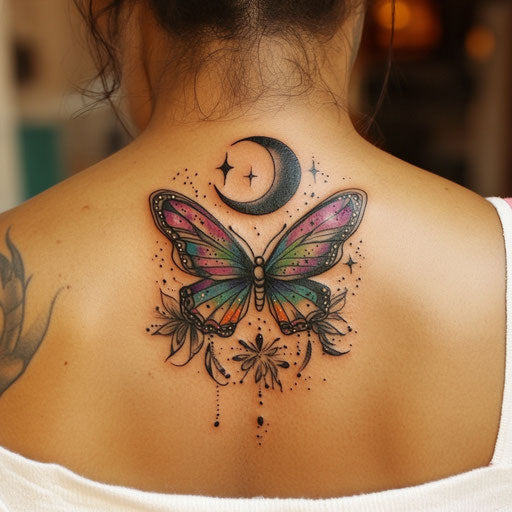 Feminine tattoos with butterfly and crescent moon