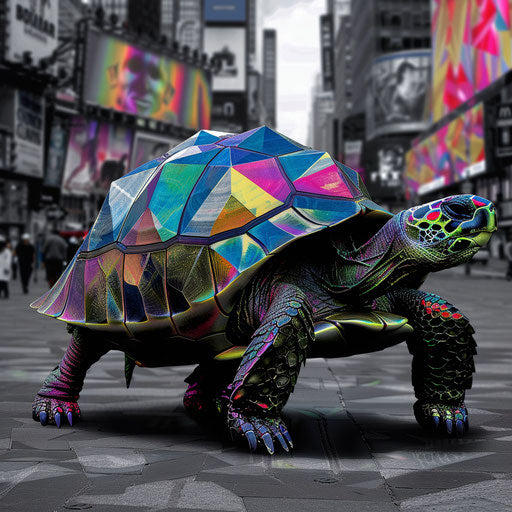 A turtle with kaleidoscopic colors walking through a monochrome city