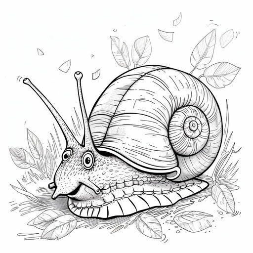 A smiling snail with a spiral shell. Coloring book page