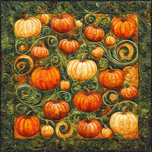 Quilting pattern with whimsical pumpkins and gourds, deep oranges and greens