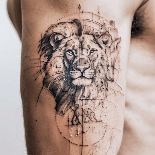 Elaborate African animal motif tattoo of lion and elephant