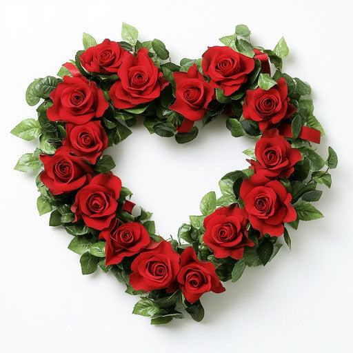 Heart-shaped wreath of red roses on white background