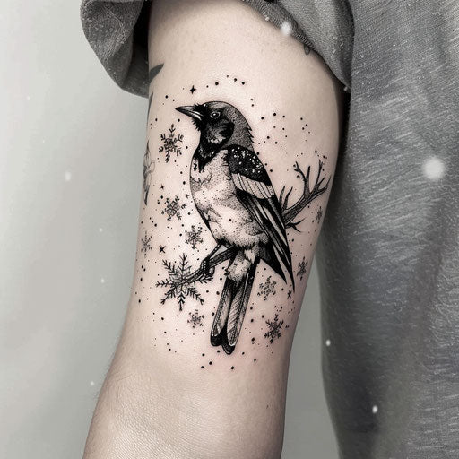 Delicate sketch of a magpie with gentle snowflakes