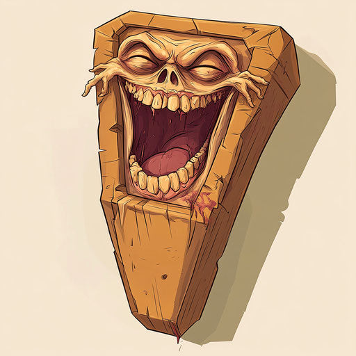 Humorous caricature of a coffin with human characteristics