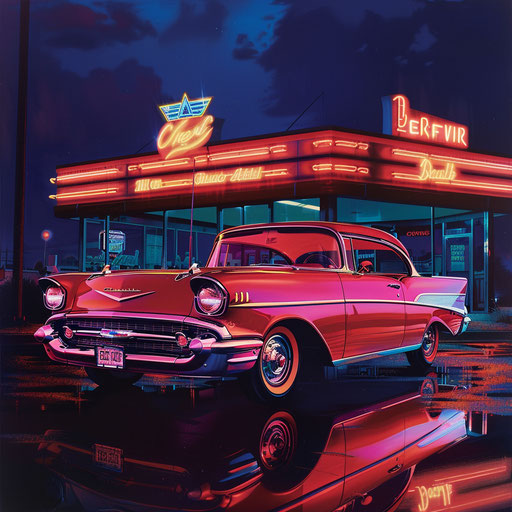 Neon-lit 1967 Chevy Bel Air hotrod in front of retro diner at night