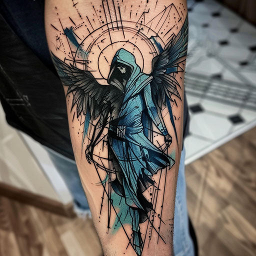 Sleek tattoo sketch of the angel of death with a modern, geometric design, in shades of blue