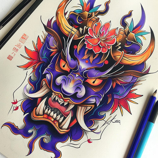 Colorful Japanese demon with traditional tattoos