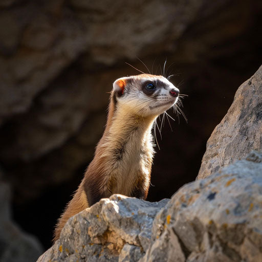 Ferret exploring rocky outcrop in the style of Will Burrard-Lucas