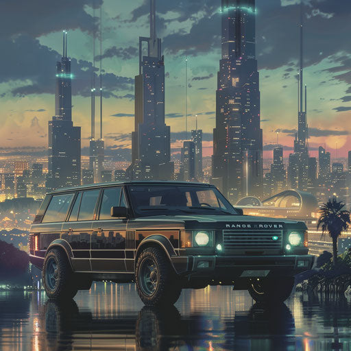 1980 Range Rover converted to electric, in front of futuristic cityscape