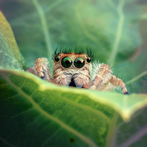 Adorable spider peeking from behind a leaf