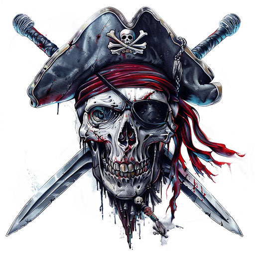 Detailed pirate skull with crossed sabers tattoo