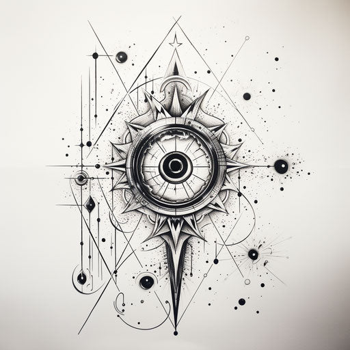 Black and white compass tattoo with eye and dot