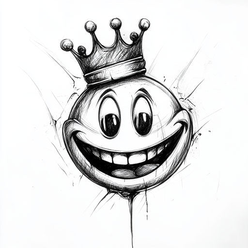 Smiley tattoo sketch with crown on pure white background