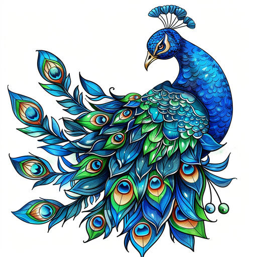Vibrant tattoo sketch of peacock in bright colors