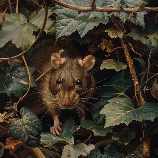 Brown rat under a canopy of leaves, in the style of Marsel van Oosten