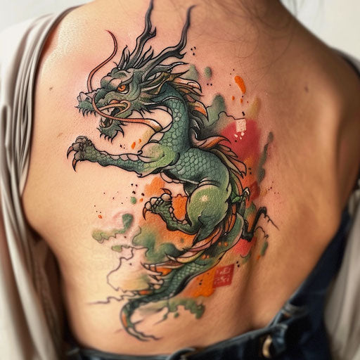 Mythical qilin creature tattoo in mystical colors on white studio background