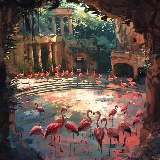 Flamingos as the main audience in an outdoor theater
