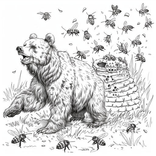 Brown bear chasing bees near beehive