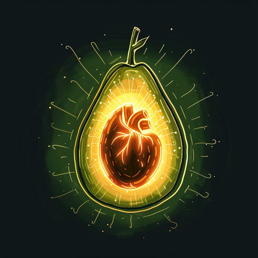 Flat tattoo sketch of an avocado with a neon heart core
