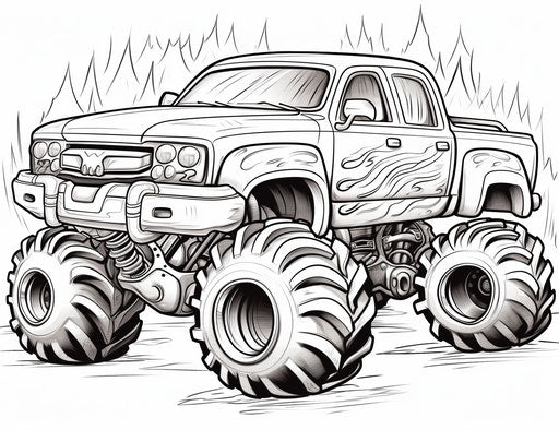 Monster truck coloring pages for kids, graffiti-influenced style, konica auto s3 31:24