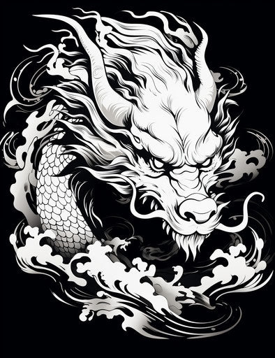 An Asian dragon in black and white, in the style of psychological symbolism, hinchel or 99:128