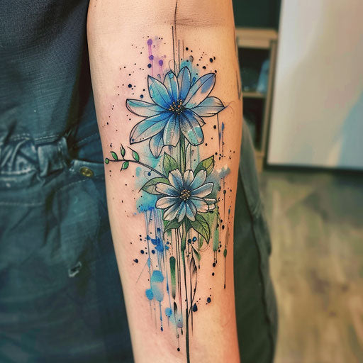 Wildflower tattoo with rain, watercolor effect, blues and greens, serene
