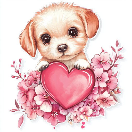 Cute puppy with flowers and heart, pink vinyl decal