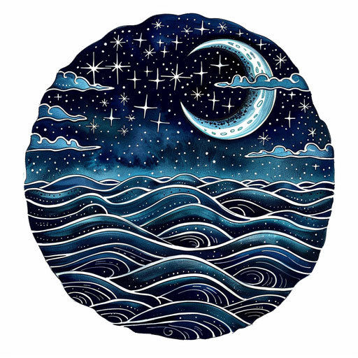 Celestial tattoo sketch of a moonlit sea with starry sky