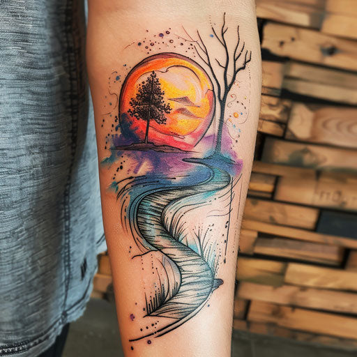 Stylish flat tattoo sketch with watercolor effects of a riverside sunset