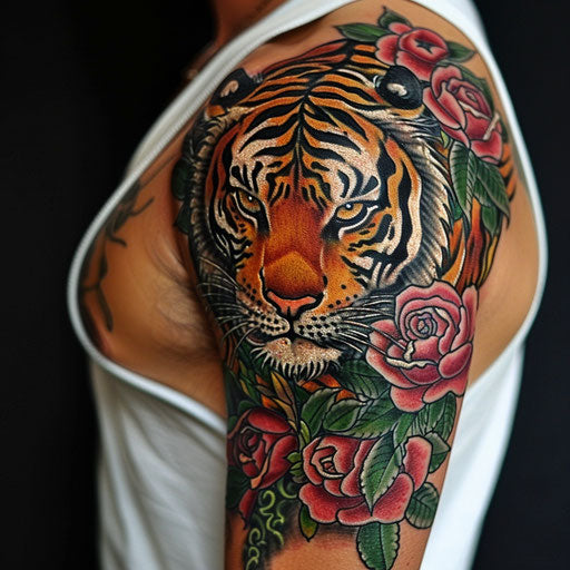 Half sleeve tattoo for men in the style of Ed Hardy with a classic tiger and roses