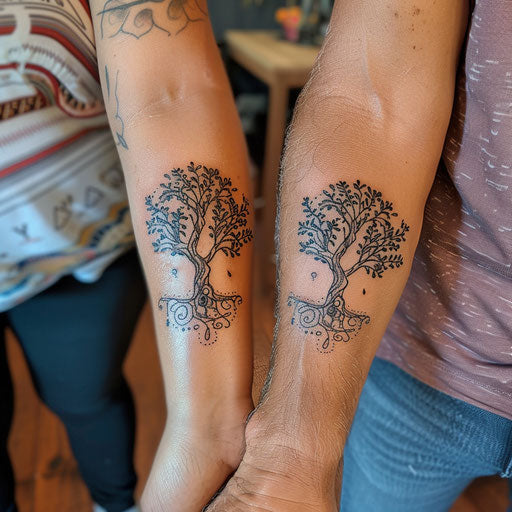 Matching tree of life tattoos, in the style of Glenn Fabry