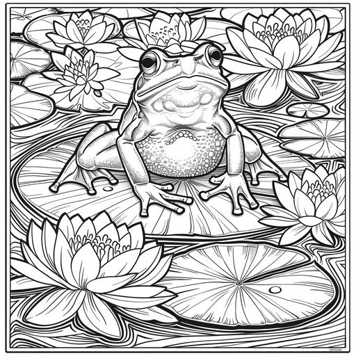 Whimsical frog on a lily pad with flowers