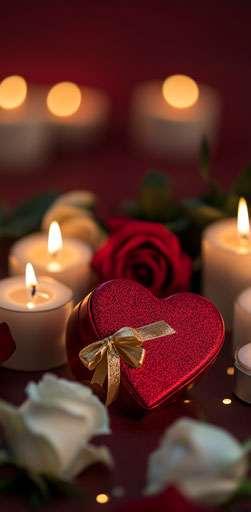 Red heart box with golden ribbon, white candles and roses, romantic Valentine's Day atmosphere in HD style