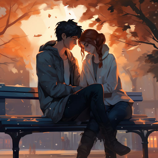 Two people sitting on a bench with the words I love you