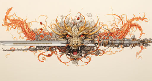 A samurai dragon on a sword, breathing fire, intricate pen illustrator style, traditional Vietnamese, symmetrical asymmetry, detailed drapery, baroque animals
