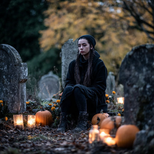 Somber Autumn Scene with Pumpkins and Candles