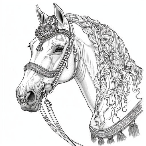 A horse with a braided mane and decorative tack. Coloring book page