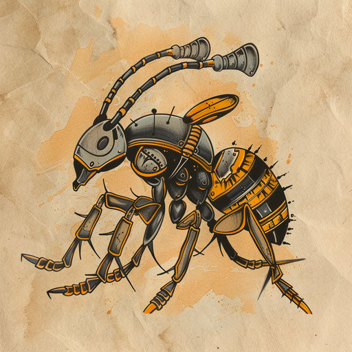 Flat sketch of an ant in battle pose with warrior armor