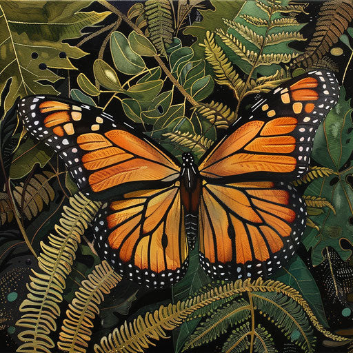 Delicate wings of a monarch butterfly with intricate patterns of a fern in a rainforest.