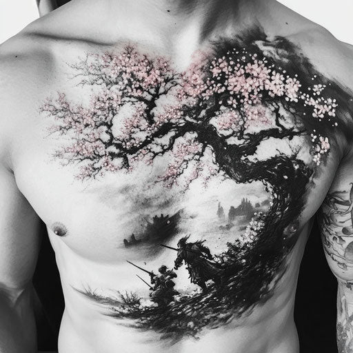 Cherry blossom tree tattoo in Glenn Fabry style with warrior in battle under tree on chest