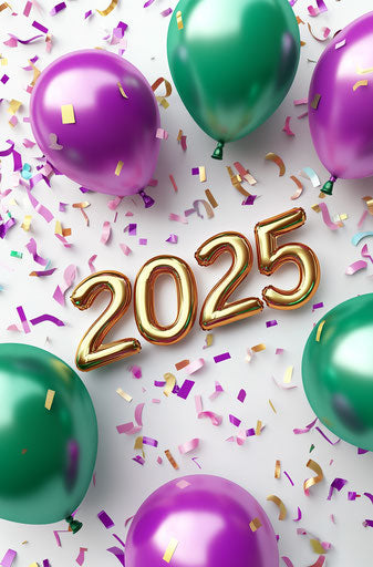 Realistic 3D New Year Balloons in the style of various artists with green, purple, and pink colors