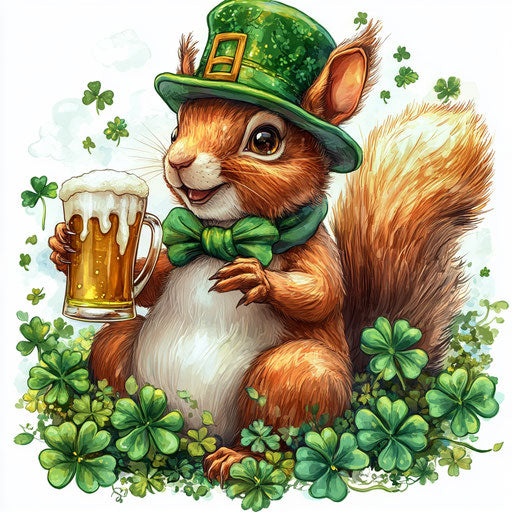 St. Patrick's Day squirrel with green hat and beer